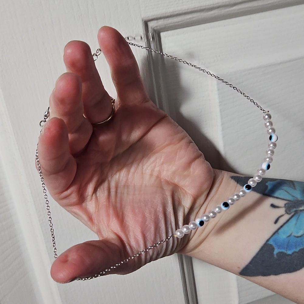 Silver tone Beaded Faux Pearl Evil Eye Dainty Necklace